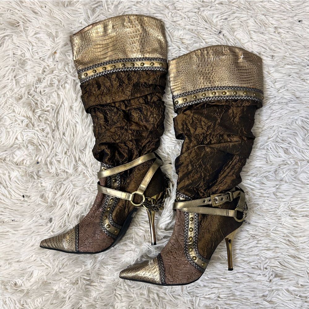 ◾️Y2K Vintage Wild Rose Gold Brown Snakeskin Chained Industrial Stiletto Boots